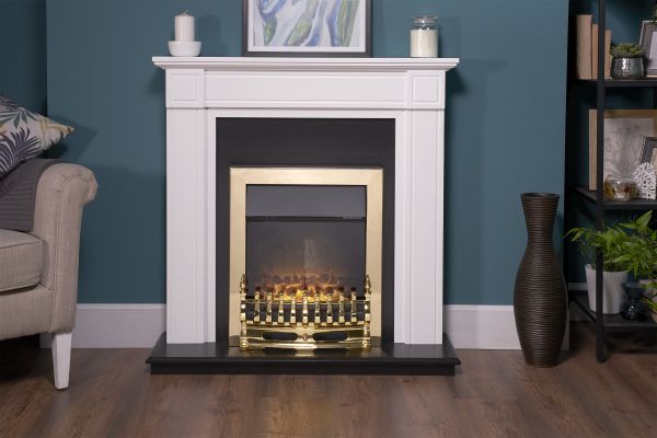 Adam Georgian Fireplace Suite in Pure White with Blenheim Electric Fire in Brass, 39 Inch