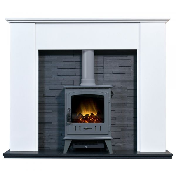 Adam Montara in Crystal White with Aviemore Electric Stove in Grey Enamel & Downlights, 54 Inch