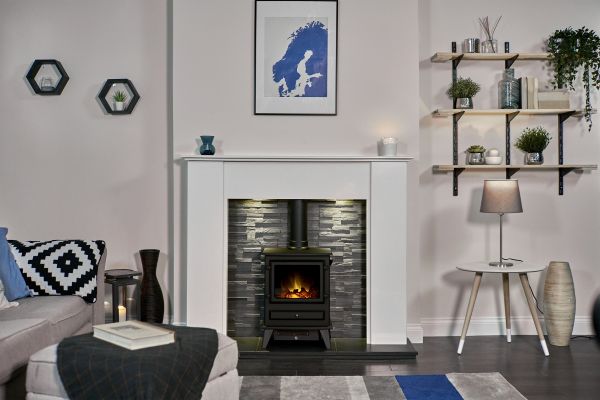 Adam Montara in Crystal White with Hudson Electric Stove in Black & Downlights, 54 Inch