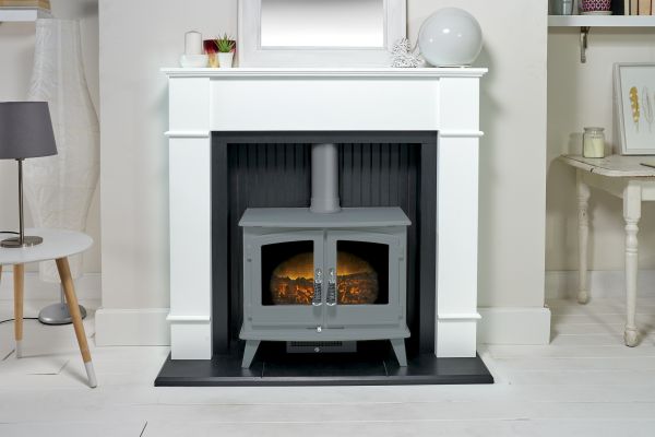 Adam Oxford Stove Suite in Pure White with Woodhouse Electric Stove in Grey, 48 Inch