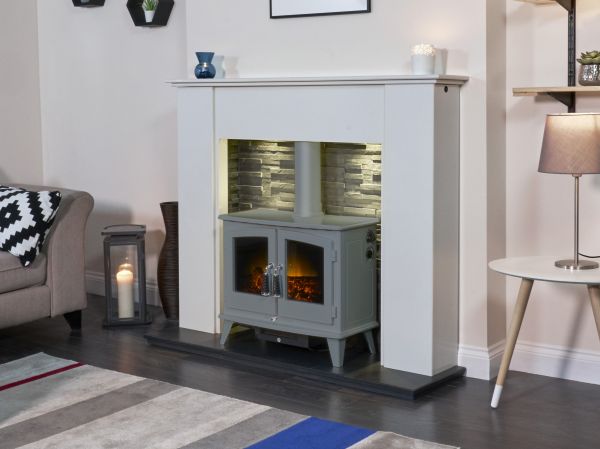 Adam Montara in Crystal White with Woodhouse Electric Stove in Grey & Downlights, 54 Inch