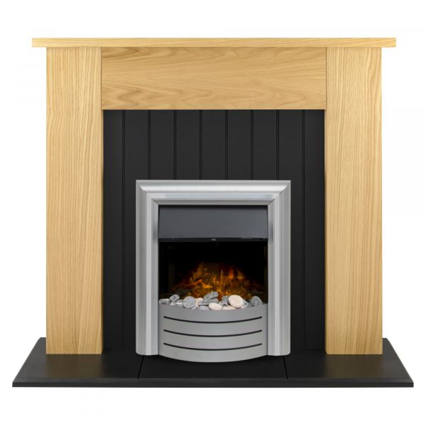 Adam Chessington Fireplace Suite in Oak with Lynx 3-in1 Electric Fire in Chrome, 48 Inch