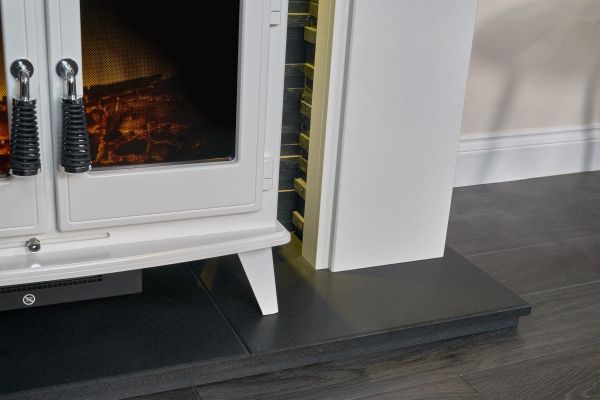 Adam Montara in Crystal White with Woodhouse Electric Stove in Pure White & Downlights, 54 Inch