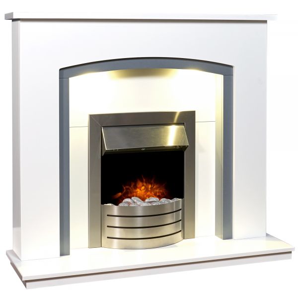 Adam Tuscany Fireplace in Pure White  & Grey with Comet Electric Fire in Brushed Steel, 48 Inch