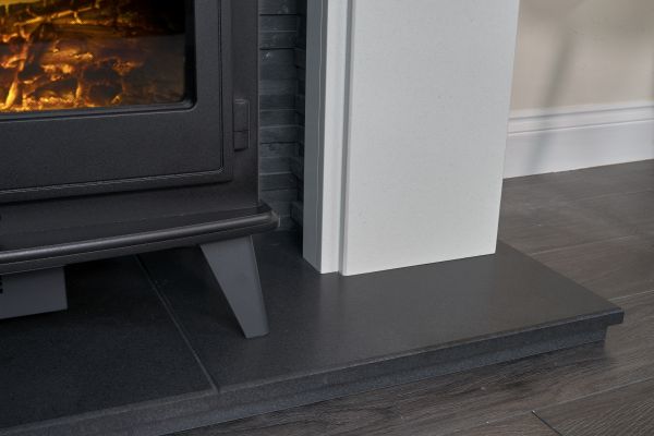 Adam Montara in Crystal White with Woodhouse Electric Stove in Black & Downlights, 54 Inch