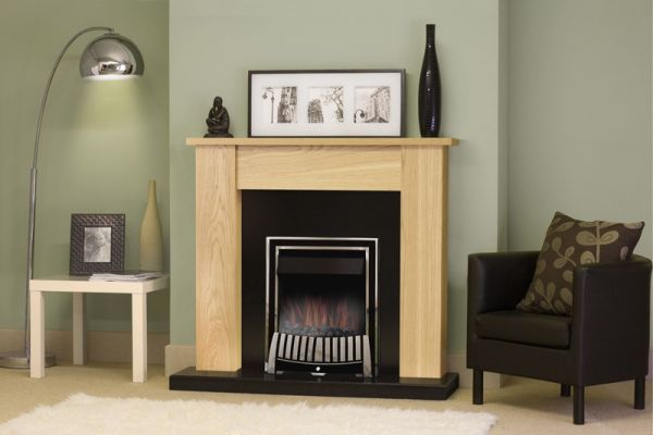 Adam New England Fireplace Suite in Oak and Black with Elan Electric Fire in Chrome, 48 Inch