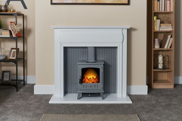 Adam Florence Stove Suite in Pure White with Aviemore Electric Stove in Grey Enamel & Grey Pipe 48 Inch