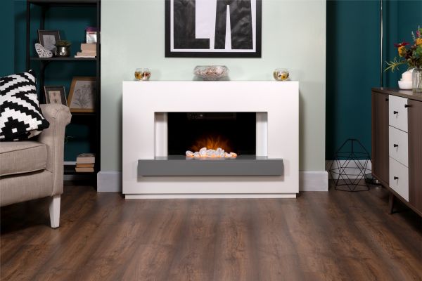 Adam Sambro Fireplace Suite in Pure White with Grey Shelf, 46 Inch
