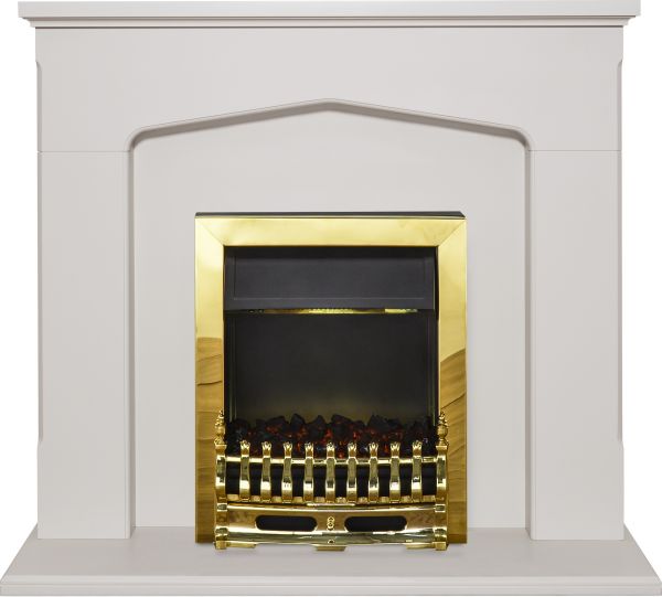 Adam Cotswold Fireplace Suite in Stone Effect with Blenheim Electric Fire in Brass, 48 Inch