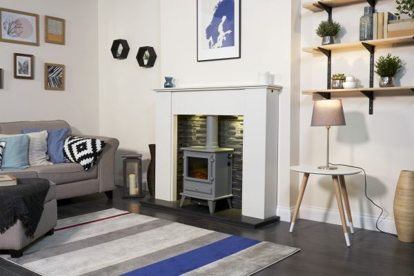 Adam Montara in Crystal White with Hudson Electric Stove in Grey & Downlights, 54 Inch