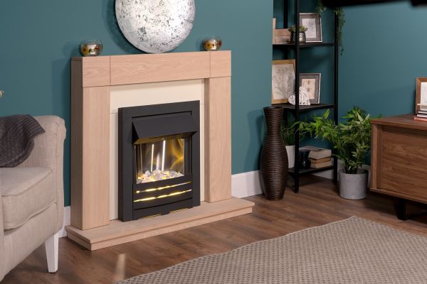 Adam Malmo in Oak & Black/Cream with Helios Electric Fire in Black, 39 Inch