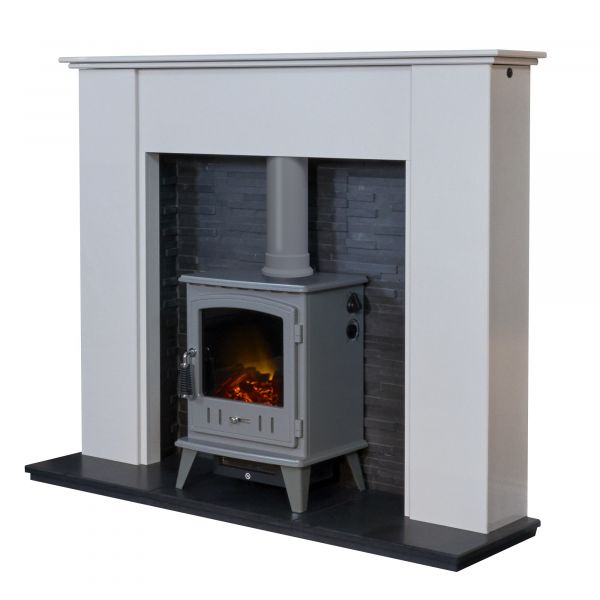 Adam Montara in Crystal White with Aviemore Electric Stove in Grey Enamel & Downlights, 54 Inch