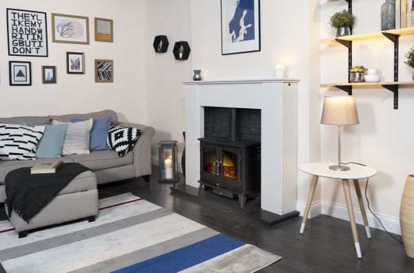 Adam Montara in Crystal White with Woodhouse Electric Stove in Black & Downlights, 54 Inch