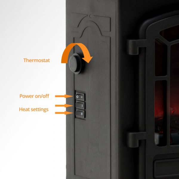 The Ripon 1&2KW Freestanding Black Electric Stove with Realistic LED Flame Effect and Log Fuel Bed