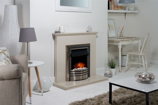 Adam Ashlea Fireplace Suite in Beige Stone with Astralis 6-in-1 Electric Fire in Chrome, 40 Inch