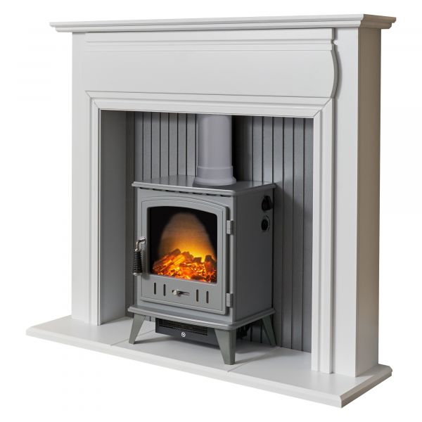 Adam Florence Stove Suite in Pure White with Aviemore Electric Stove in Grey Enamel & Grey Pipe 48 Inch