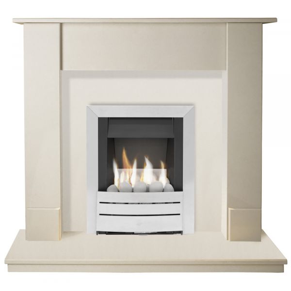 The Maine Fireplace in Beige Stone with Adam Hera Gas Fire in Brushed Steel, 48 Inch