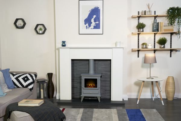 Adam Montara in Crystal White with Hudson Electric Stove in Grey & Downlights, 54 Inch