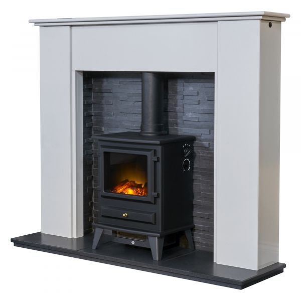 Adam Montara in Crystal White with Hudson Electric Stove in Black & Downlights, 54 Inch