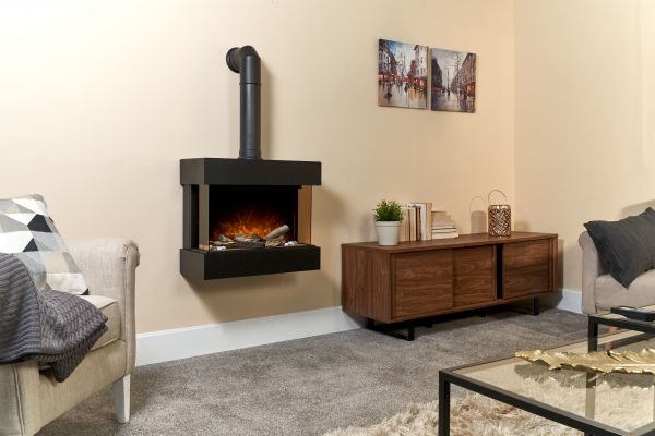 Adam Vega Electric Wall Mounted Fireplace Suite with Stove Pipe & Remote Control in Black