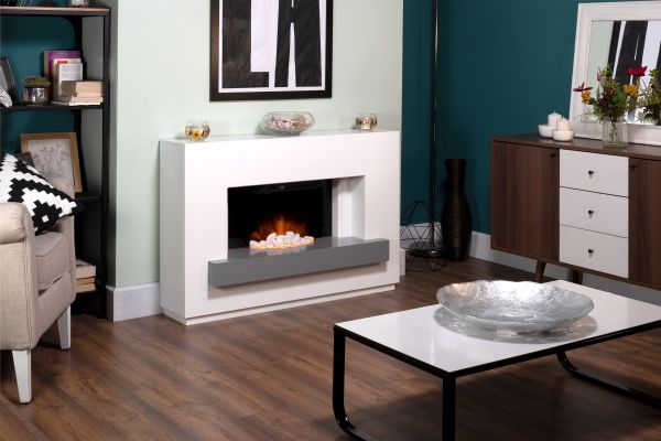 Adam Sambro Fireplace Suite in Pure White with Grey Shelf, 46 Inch