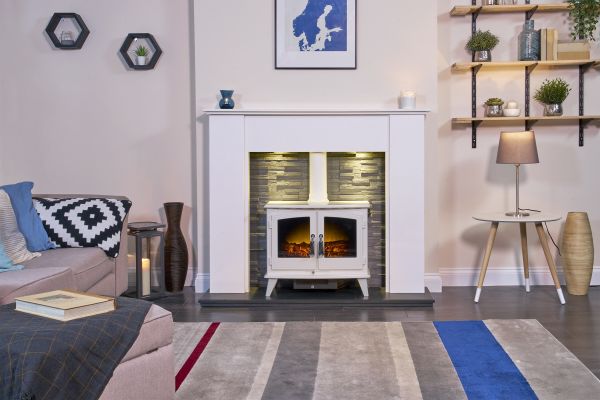 Adam Montara in Crystal White with Woodhouse Electric Stove in Pure White & Downlights, 54 Inch