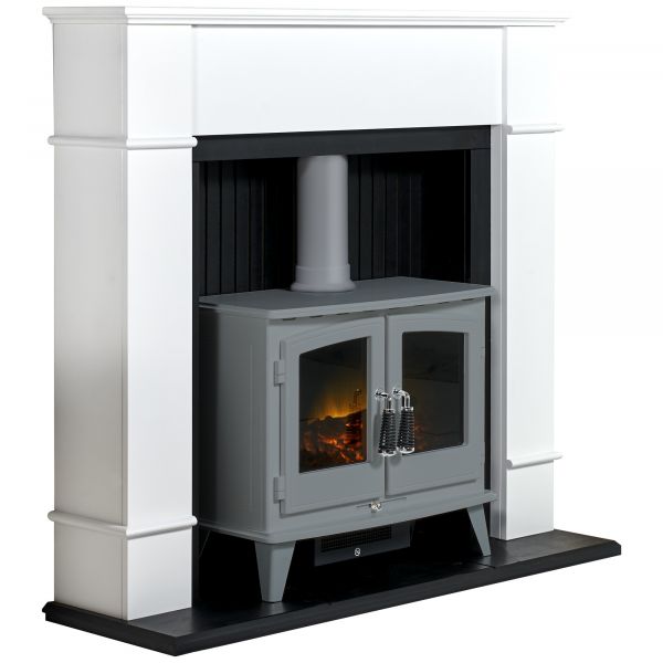 Adam Oxford Stove Suite in Pure White with Woodhouse Electric Stove in Grey, 48 Inch