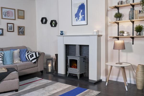 Adam Montara in Crystal White with Aviemore Electric Stove in Grey Enamel & Downlights, 54 Inch