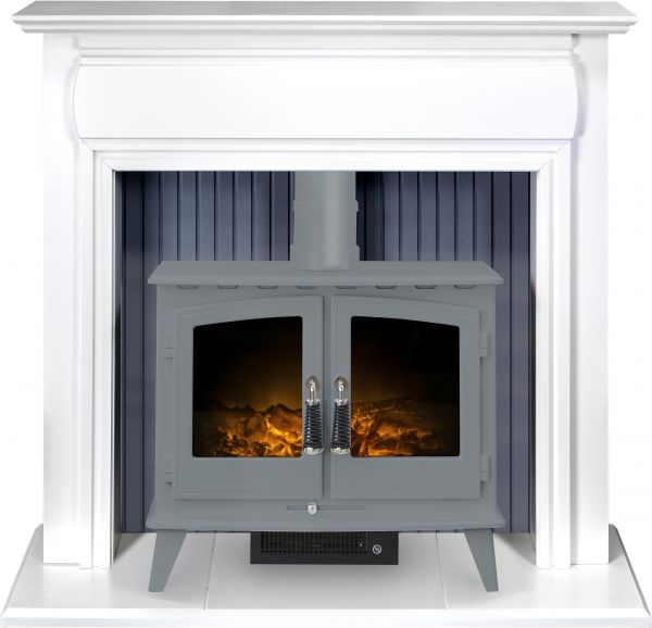 Adam Florence Stove Suite in Pure White with Woodhouse Electric Stove in Grey, 48 Inch