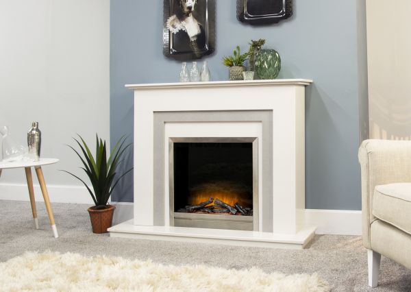 The Monterrey Fireplace in Crystal White with Adam Ontario Electric Fire in Brushed Steel, 48 Inch