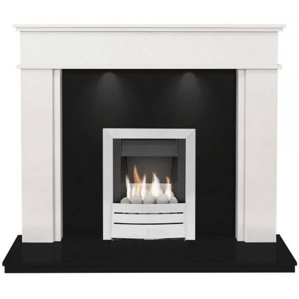 Portland in White Stone & Granite with Downlights with Adam Hera Gas Fire, 54 Inch