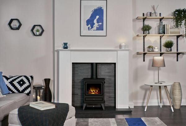 Adam Montara in Crystal White with Hudson Electric Stove in Black & Downlights, 54 Inch