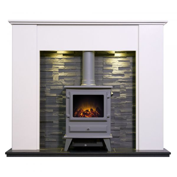 Adam Montara in Crystal White with Hudson Electric Stove in Grey & Downlights, 54 Inch