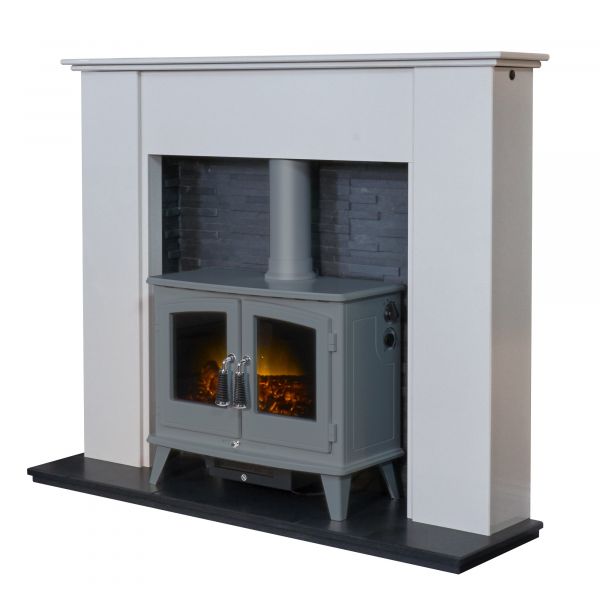 Adam Montara in Crystal White with Woodhouse Electric Stove in Grey & Downlights, 54 Inch