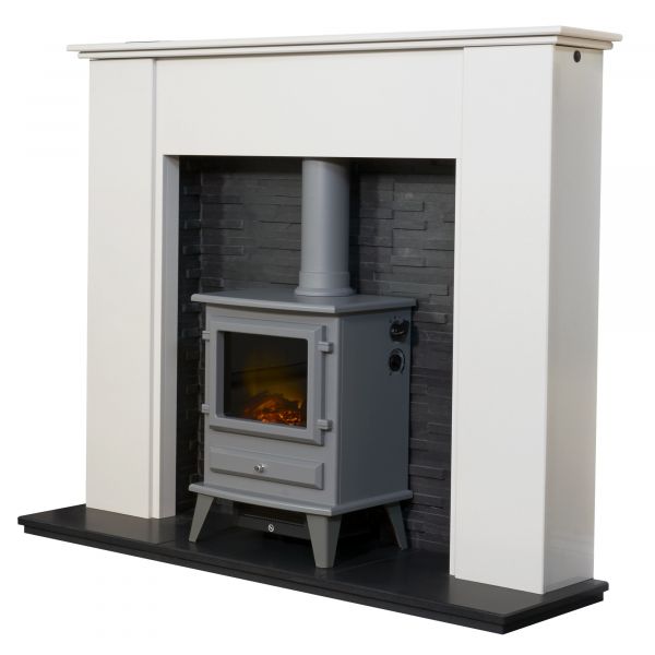 Adam Montara in Crystal White with Hudson Electric Stove in Grey & Downlights, 54 Inch