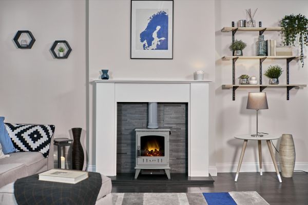 Adam Montara in Crystal White with Aviemore Electric Stove in Grey Enamel & Downlights, 54 Inch