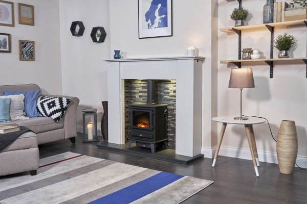 Adam Montara in Crystal White with Hudson Electric Stove in Black & Downlights, 54 Inch