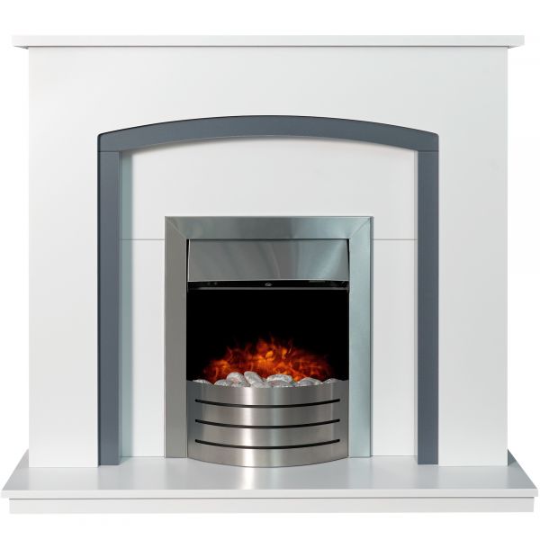 Adam Tuscany Fireplace in Pure White  & Grey with Comet Electric Fire in Brushed Steel, 48 Inch