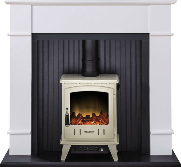 Adam Oxford Stove Suite in Pure White with Aviemore Electric Stove in Cream Enamel, 48 Inch
