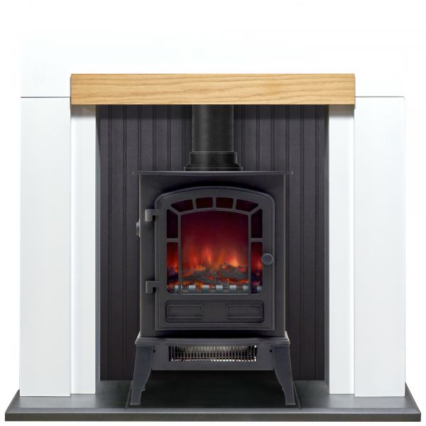 Adam Salzburg in Pure White & Oak with Ripon Electric Stove in Black, 39 Inch