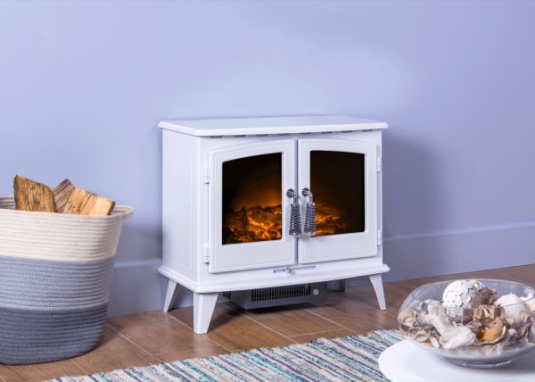 Adam Woodhouse Electric Stove in Pure White with Angled Stove Pipe in Pure White