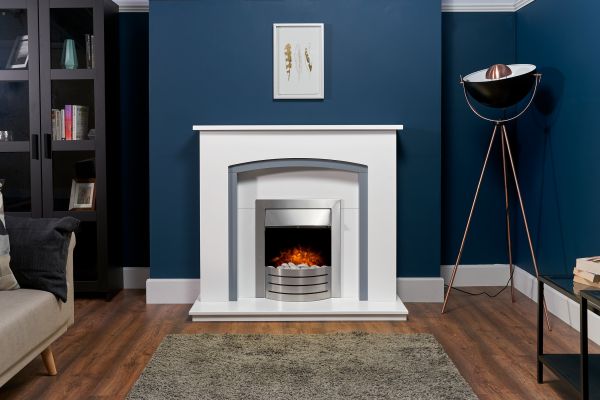 Adam Tuscany Fireplace in Pure White  & Grey with Comet Electric Fire in Brushed Steel, 48 Inch