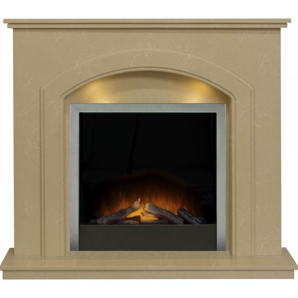 Lincoln Fireplace in Roman Stone with Adam Ontario Electric Fire in Brushed Steel, 54 Inch