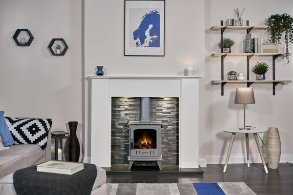 Adam Montara in Crystal White with Aviemore Electric Stove in Grey Enamel & Downlights, 54 Inch