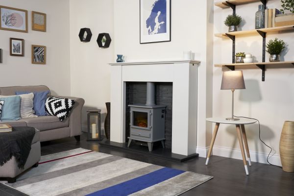 Adam Montara in Crystal White with Hudson Electric Stove in Grey & Downlights, 54 Inch