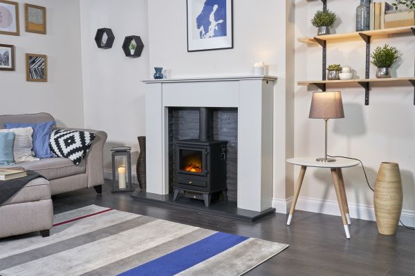 Adam Montara in Crystal White with Hudson Electric Stove in Black & Downlights, 54 Inch