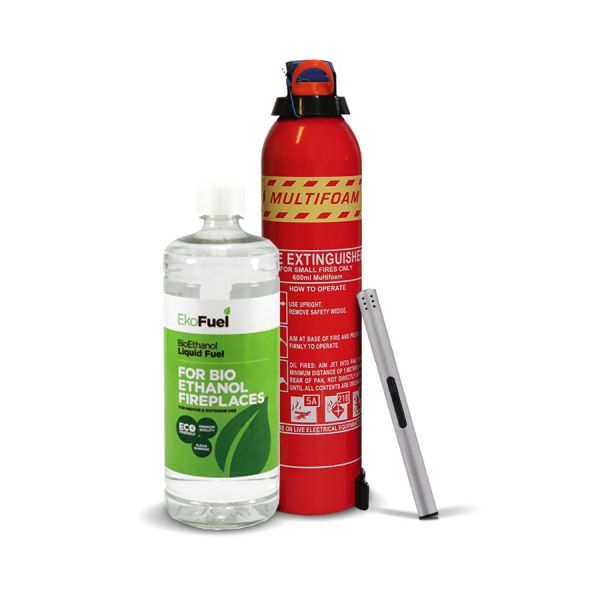 Mega Bio Ethanol Starter Pack: 6 x 1 Litre Bottles + Long Stem Refillable Lighter + Extinguisher